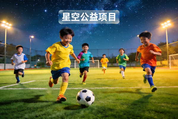 星空公益项目 - 新建成的校园运动场上孩子们正在快乐地踢足球