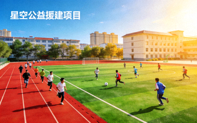 星空公益援建项目 - 甘肃省某中学铺设的塑胶跑道和足球场，学生在进行体育活动
